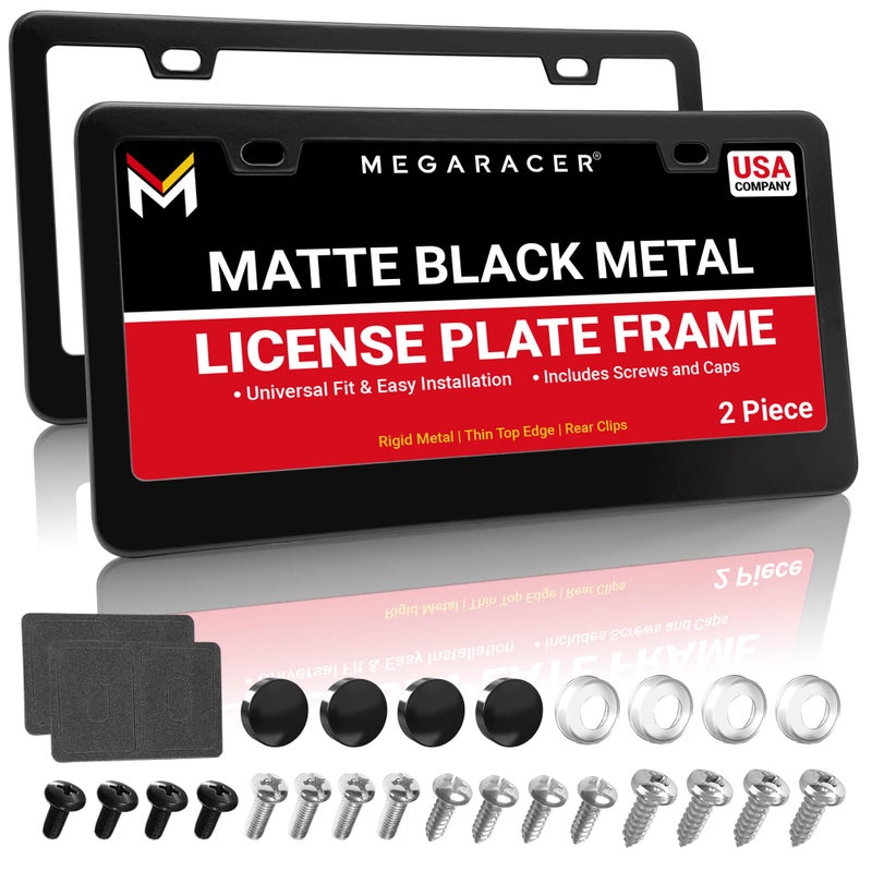 Mega Racer Premium Matte Black License Plate Frames â€“ 2 Pack, Rust-Free Stainless Steel, Rattle-Free, Universal with Screw Caps, Slim-Top Design, Thin Rigid Metal Front & Rear Car Tag Holders - for Men & Women - Image 1